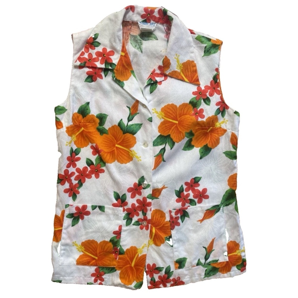 Vintage 60s Hawaiian Tea Timer Tunic Pocket Sleeveless Top Hibiscus S Tiki Beach